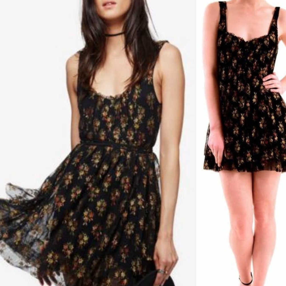 Free People Black Heart It Races Flirty Floral Mesh Lace up Dress Size Small